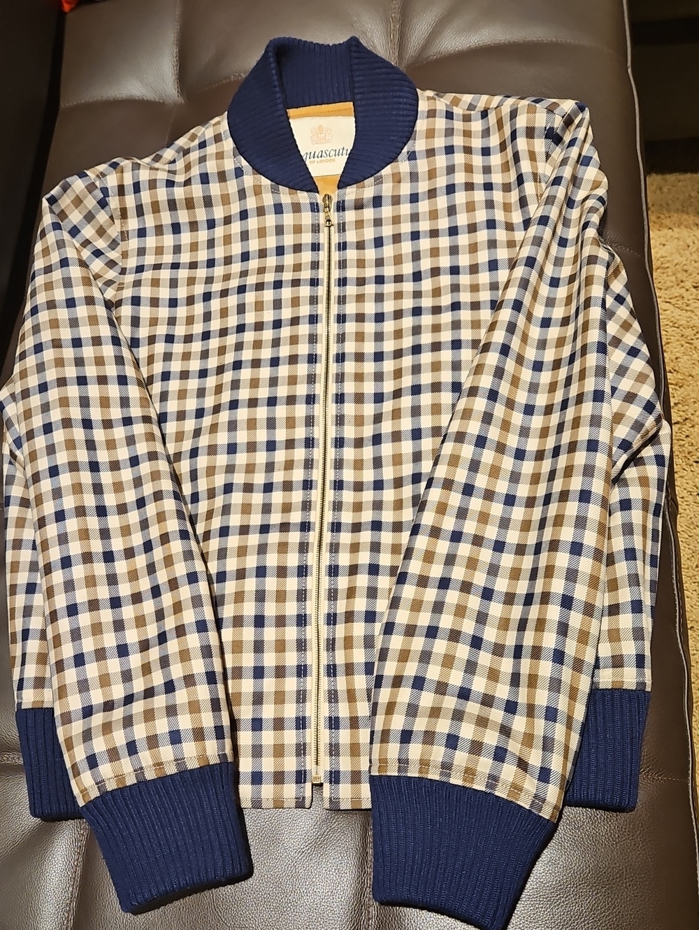 WOMENS AQUASCTUM NAVY & BEIGE CHECK ZIP FRONT BOMBER JACKET